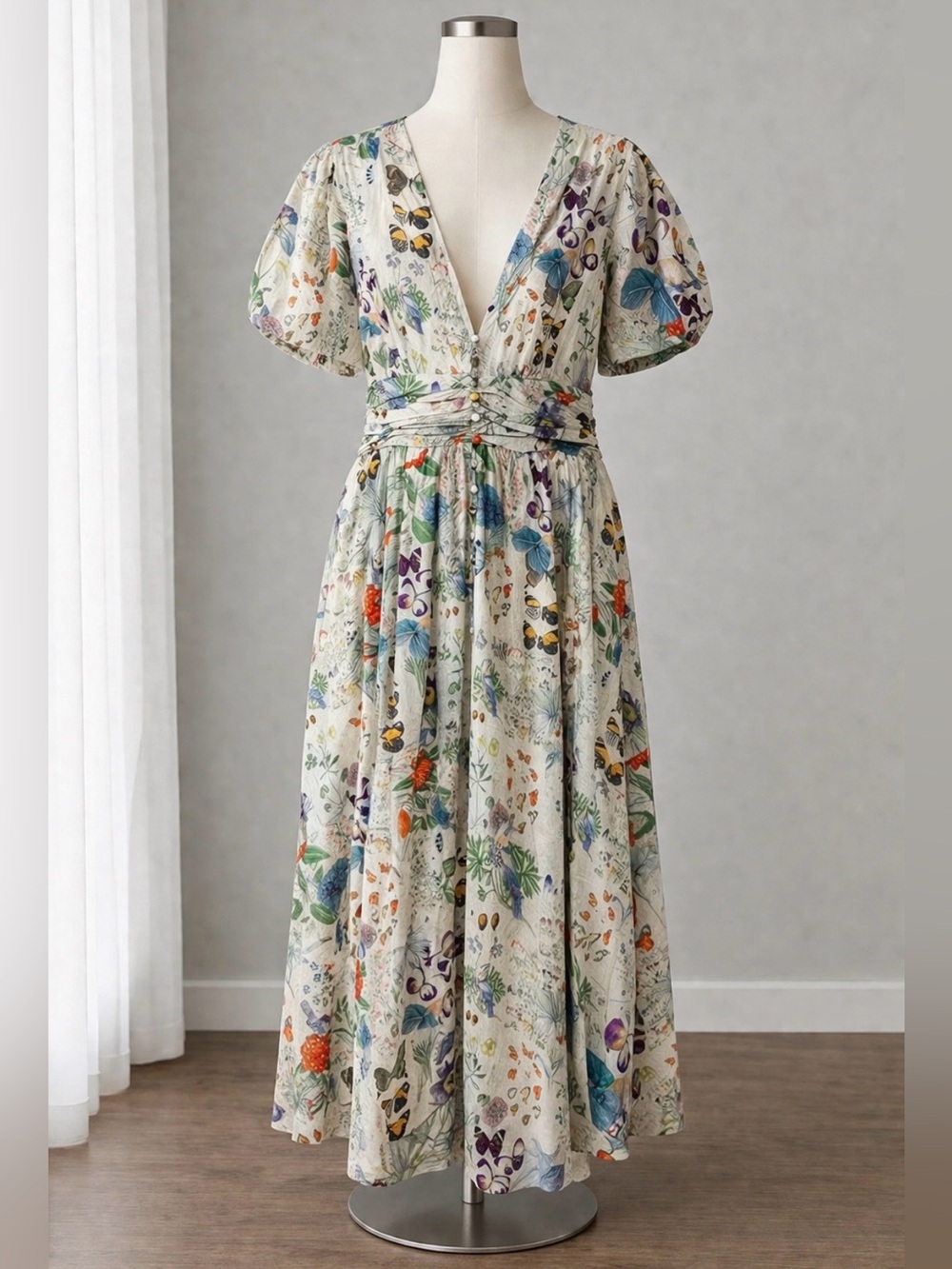 Anthropologie Katerina Dress L Cotton Botanical Floral Midi Puff Sleeve NWT
